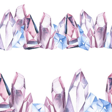 Watercolor seamless border of gentle blue and pink crystal on white background.