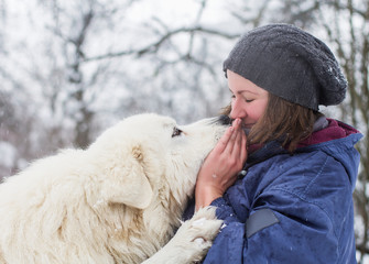 closeup woman and white dog