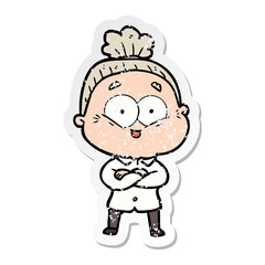 distressed sticker of a cartoon happy old woman