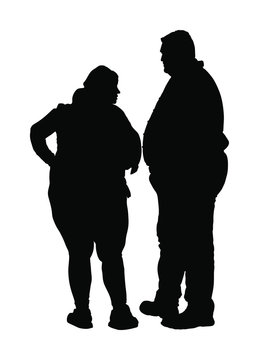 Fat man and woman is worry about health vector silhouette. Overweight person trouble. Big boy think about food calorie. Difficulties in moving. Breathless sweaty need break. Fat couple in love on date