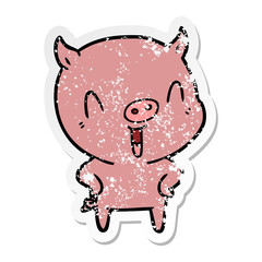 distressed sticker of a happy cartoon pig