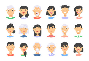 Set of asian male and female characters. Cartoon style elderly and young people icons. 