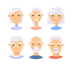 Set of asian male and female characters. Cartoon style elderly people icons. Isolated guys avatars. Flat illustration men and women faces. Hand drawn vector drawing portraits