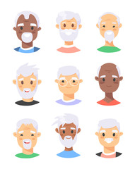 Set of male characters. Cartoon style elderly people icons. Isolated guys avatars. Flat illustration men faces. Hand drawn vector drawing portraits