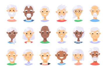 Set of male and female characters. Cartoon style elderly people icons. Isolated guys avatars. Flat illustration men and women faces. Hand drawn vector drawing portraits