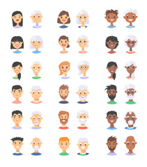 Set of male and female characters. Cartoon style elderly and young people icons. Isolated guys avatars. Flat illustration men and women faces. Hand drawn vector drawing girls and boys portraits