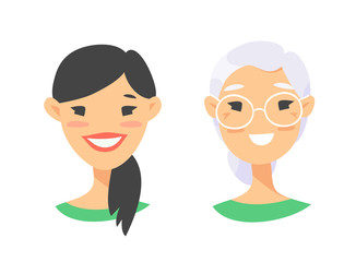 Fototapeta premium Set of asian female characters. Cartoon style elderly and young people icons. Isolated guys avatars. Flat illustration women faces. Hand drawn vector drawing portraits before and after