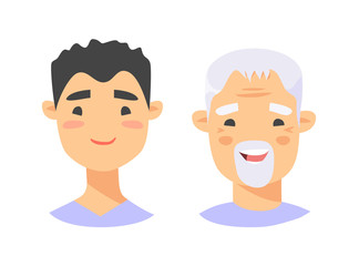 Set of asian male characters. Cartoon style elderly and young people icons. Isolated guys avatars. Flat illustration men faces. Hand drawn vector drawing portraits before and after