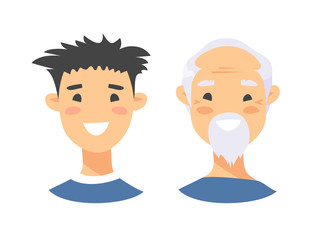 Set of asian male characters. Cartoon style elderly and young people icons. Isolated guys avatars. Flat illustration men faces. Hand drawn vector drawing portraits before and after