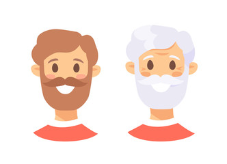 Set of caucasian male characters. Cartoon style elderly and young people icons. Isolated guys avatars. Flat illustration men faces. Hand drawn vector drawing portraits before and after