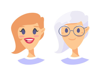 Obraz premium Set of caucasian female characters. Cartoon style elderly and young people icons. Isolated guys avatars. Flat illustration women faces. Hand drawn vector drawing portraits before and after