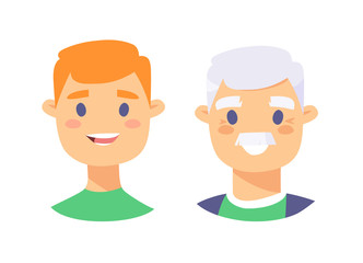 Set of caucasian male characters. Cartoon style elderly and young people icons. Isolated guys avatars. Flat illustration men faces. Hand drawn vector drawing portraits before and after