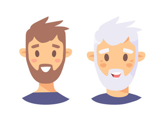 Set of caucasian male characters. Cartoon style elderly and young people icons. Isolated guys avatars. Flat illustration men faces. Hand drawn vector drawing portraits before and after