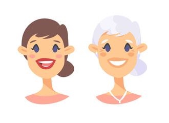 Set of caucasian female characters. Cartoon style elderly and young people icons. Isolated guys avatars. Flat illustration women faces. Hand drawn vector drawing portraits before and after