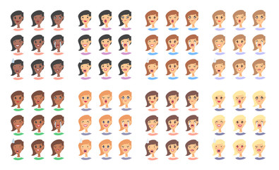 Set of female emoji characters. Cartoon style emotion icons. American girls avatars with different facial expressions. Flat illustration women emotional faces. Hand drawn vector drawing emoticon