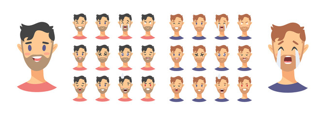 Set of male emoji characters. Cartoon style emotion icons. Option Isolated boys avatars with different facial expressions.   - obrazy, fototapety, plakaty