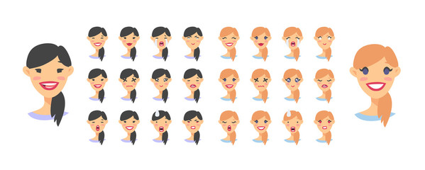 Set of female emoji characters. Cartoon style emotion icons. American girls avatars with different facial expressions. Flat illustration women emotional faces. Hand drawn vector drawing emoticon