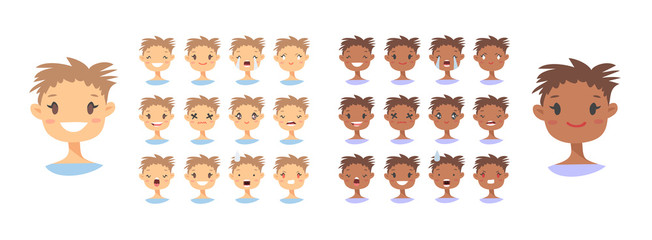 Set of female emoji characters. Cartoon style emotion icons. American girls avatars with different facial expressions. Flat illustration women emotional faces. Hand drawn vector drawing emoticon