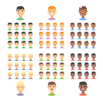 Set of male emoji characters. Cartoon style emotion icons. Isolated boys avatars with different facial expressions. Flat illustration men emotional faces. Hand drawn vector drawing emoticon