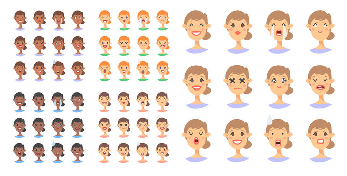 Set of female emoji characters. Cartoon style emotion icons. American girls avatars with different facial expressions. Flat illustration women emotional faces. Hand drawn vector drawing emoticon
