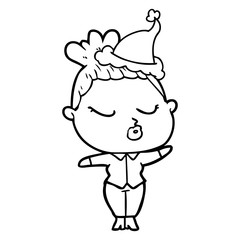 line drawing of a calm woman wearing santa hat
