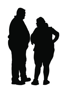 Fat man and woman is worry about health vector silhouette. Overweight person trouble. Big boy think about food calorie. Difficulties in moving. Breathless sweaty need break. Fat couple in love on date