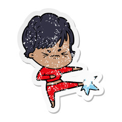 distressed sticker of a cartoon frustrated woman