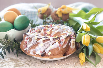 Still life with Easter cake and colored eggs
