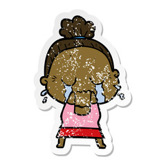 distressed sticker of a cartoon crying old lady