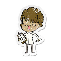 distressed sticker of a cartoon woman talking