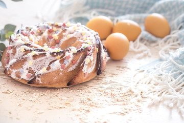 Composition with Easter sweet cake and eggs