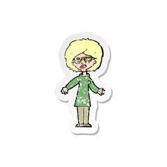 retro distressed sticker of a cartoon woman wearing glasses