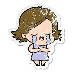 distressed sticker of a cartoon girl crying