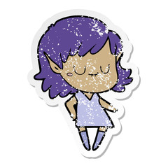 distressed sticker of a happy cartoon elf girl wearing dress