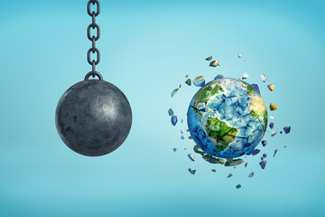 3d rendering of metal chained ball and earth sphere shattered