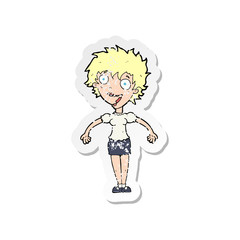 retro distressed sticker of a cartoon excited woman