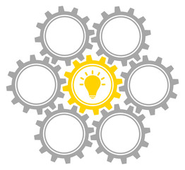 7 Zahnräder Glühbirne Mitte Grau/Gelb