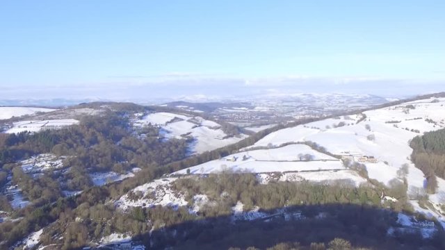 Arial view of  snow over Redbrook village in the Forest of Dean, Gloucesterhsire.