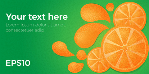 Vector web page template with illustration orange fruits with juice splash on green background with grain texture. Colorful banner for leaflet, web site or presentation.