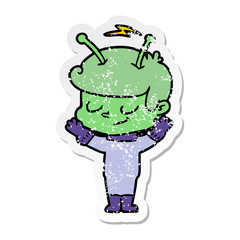 distressed sticker of a friendly cartoon spaceman