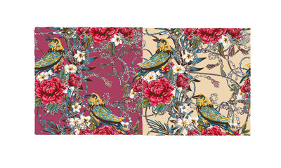 Elegance pattern with flowers and birds splendor of the 80's, chic bird chains flowers beautiful background in expensive style