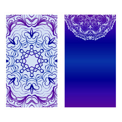 Vintage Cards With Floral Mandala Pattern. Vector Template. The Front And Rear Side. Blue, purple silver color