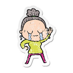 distressed sticker of a cartoon old woman crying and waving