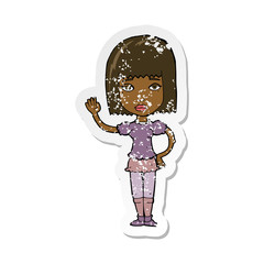 retro distressed sticker of a cartoon woman waving
