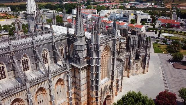 Aerial close shot of roof of Batalha Monaster, Portugal.