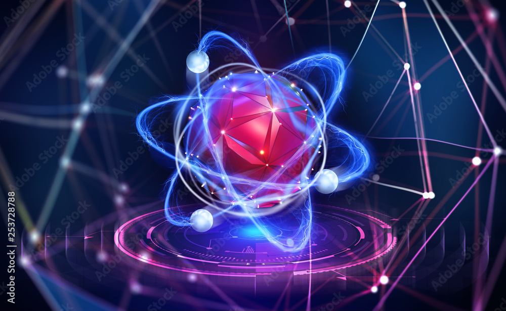 Poster Artificial Intelligence. Creation of a digital mind. Innovative processor in the global cyberspace. 3D illustration on a technological background with HUD element