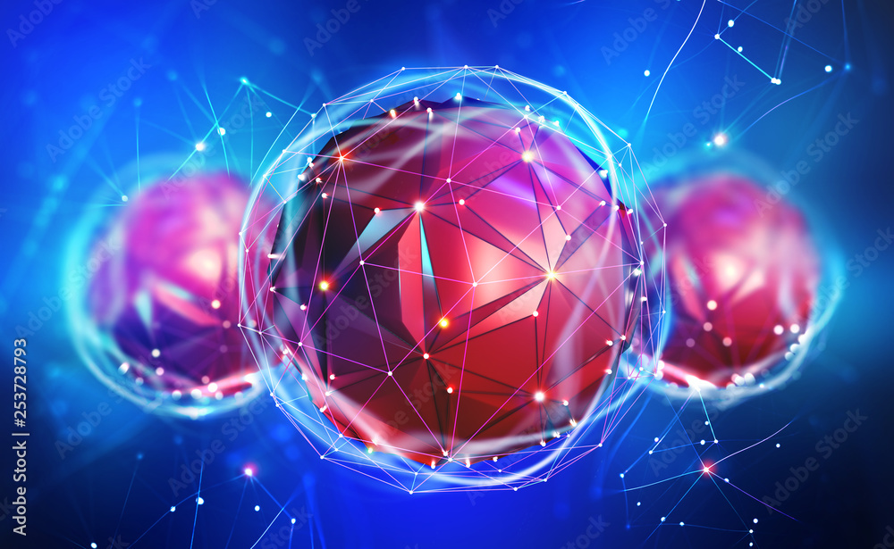 Poster Artificial intelligence. Digital mind. Wireless network technology. 3D illustration of an innovative processor in the global cyberspace of the future
