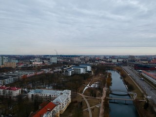 Fototapeta premium Aerial view of Minsk, Belarus near Oktyabrskaya street and Svisloch river