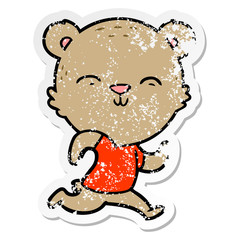 distressed sticker of a happy cartoon bear jogging