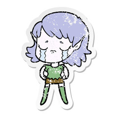 distressed sticker of a cartoon crying elf girl